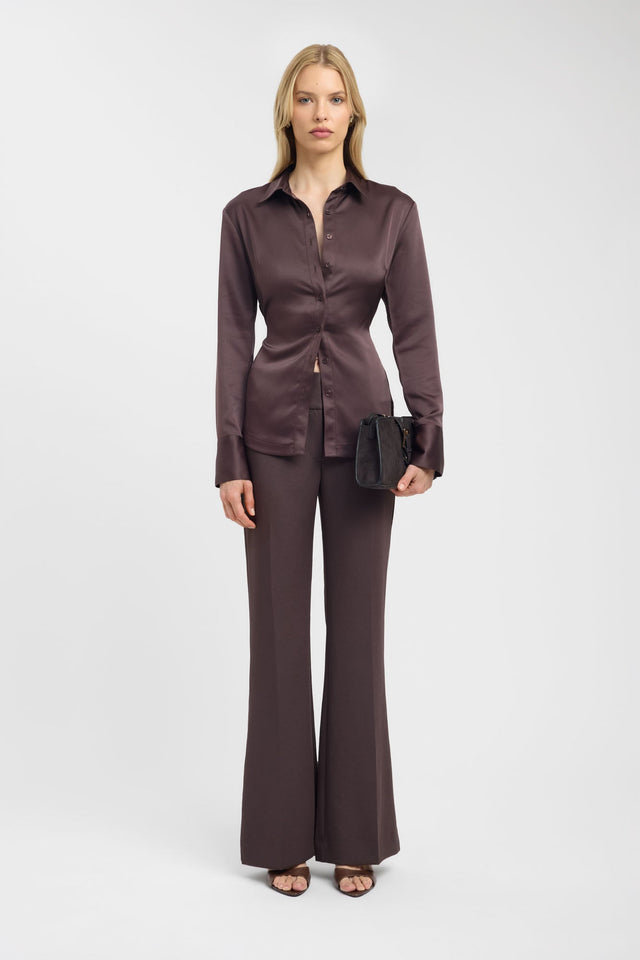 Designed with a fitted silhouette, the Palermo Cinch Shirt womens-blouse in rosy brown featuring straight neckline on-body