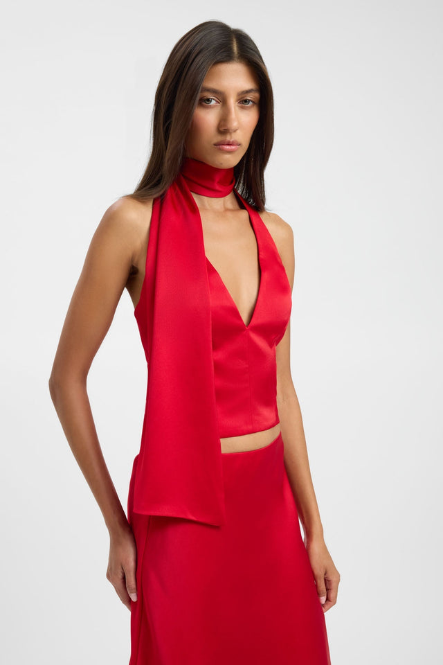 Crafted with the Palermo Scarf Top womens-blouse in red featuring fitted plunge neckline and sleeveless style detail