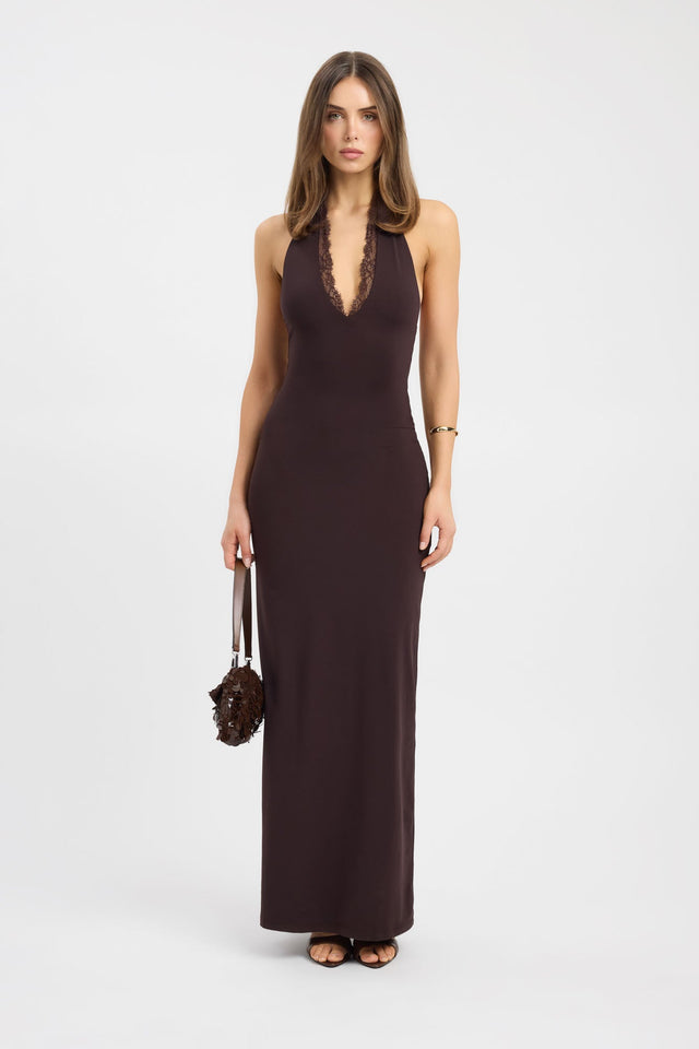 Showcasing the Lila Lace Maxi Dress in womens-dresses with straight shape, fitted silhouette, plunge neckline, and saddle brown color front