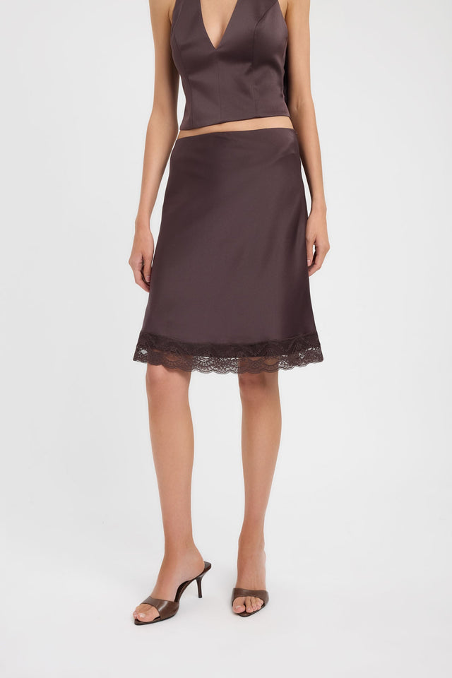 Presenting the Palermo Lace Midi Skirt womens-skirts with lace hem in saddlebrown front
