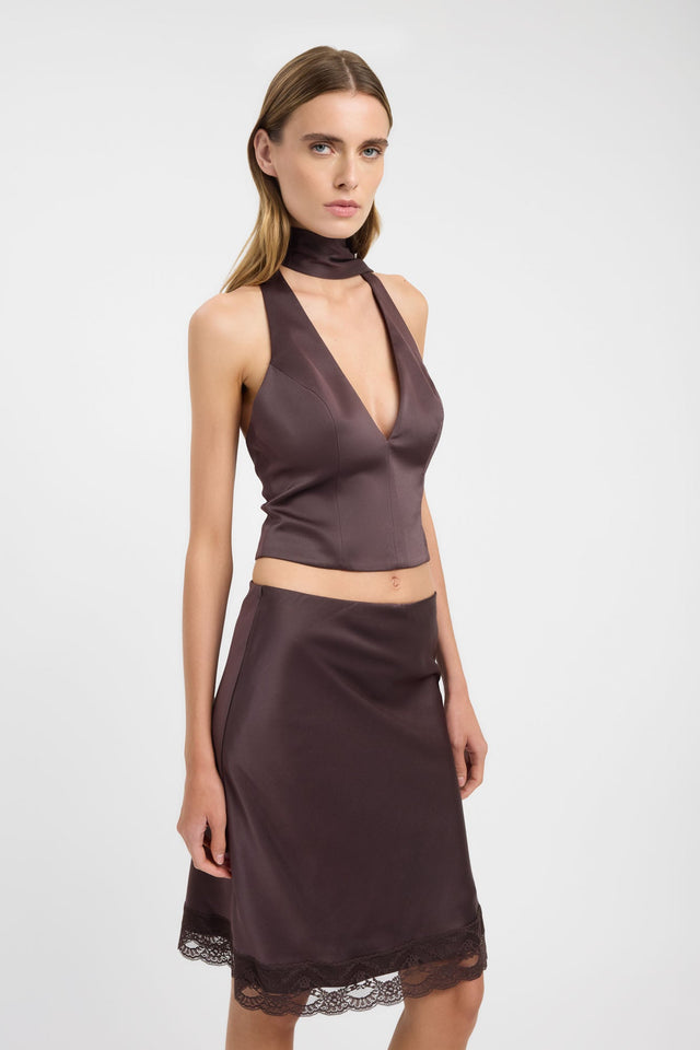 Crafted with style the Palermo Scarf Top womens-blouse in chocolate fitted v-neck sleeveless detail