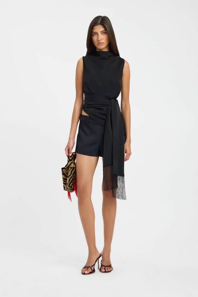 Featuring the Maria Fringed Sash Top womens-blouse in black with fitted high-neck sleeveless construction on-body
