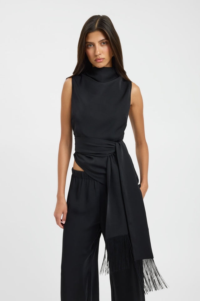 Crafted with Maria Fringed Sash Top womens-blouse in black featuring fitted high-neck sleeveless silhouette detail