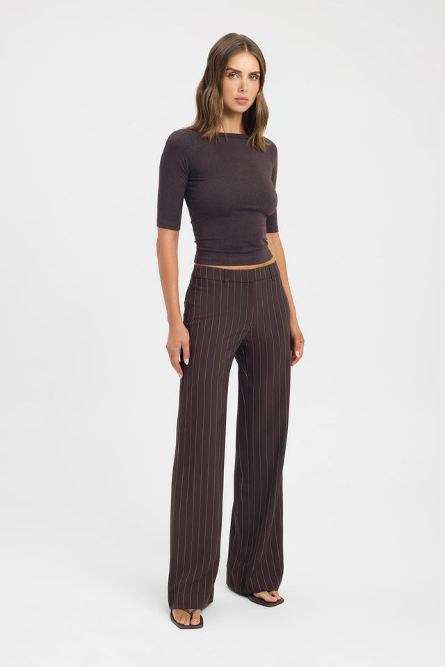 Showcasing the Nevada Low Rise Pant in womens regular pants with wide-leg silhouette featuring chocolate and white stripe pattern on-body