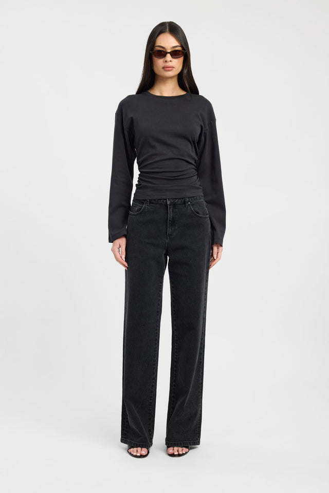 Introducing the Nova Long Sleeve Top womens-blouse in black with fitted silhouette and round neckline front