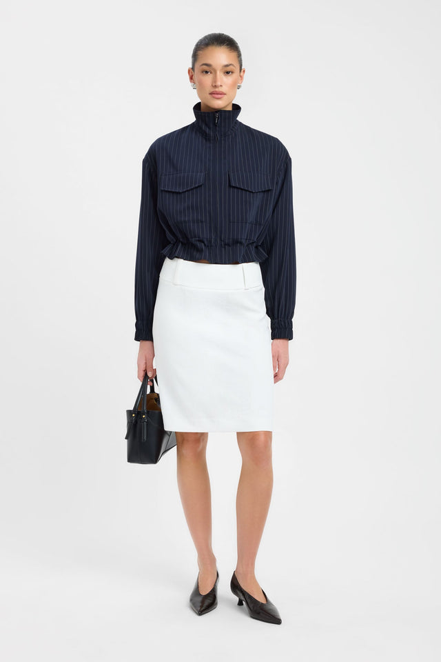 Styled with a white skirt, the Oslo Bomber womens coats and jackets featuring full sleeves in short bomber style with navy and white stripes on-body