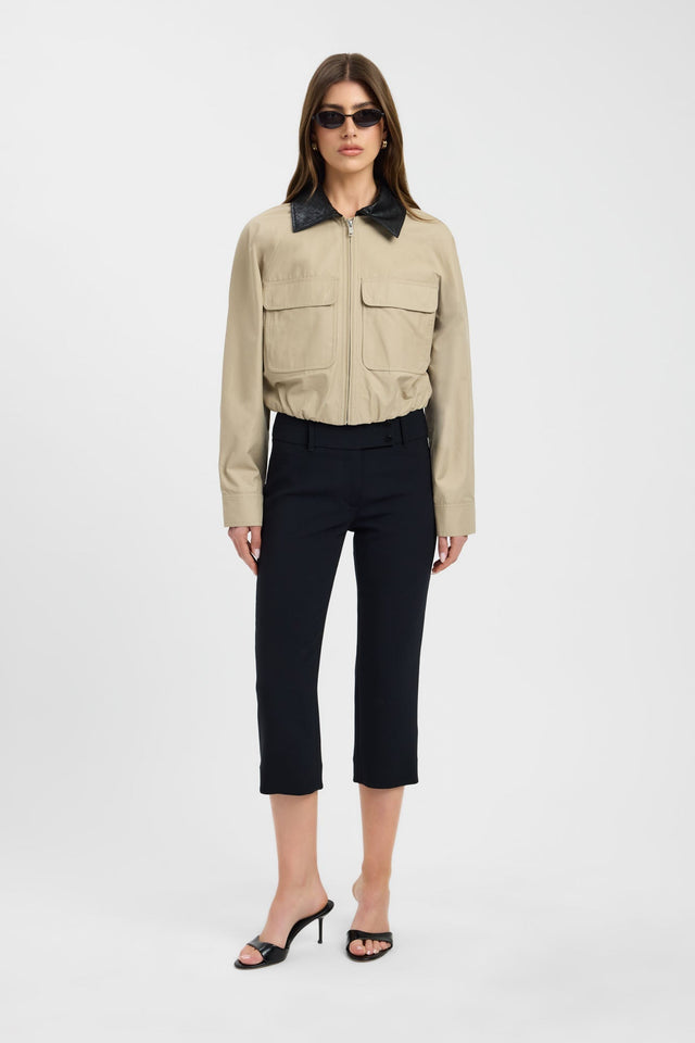 Showcasing the Spencer Jacket in womens coats and jackets with full sleeves, bomber style, short length in beige front