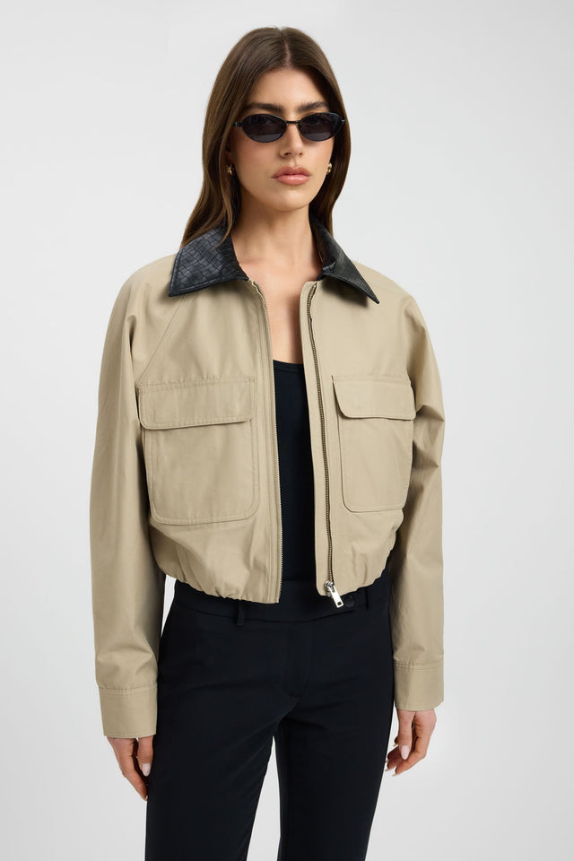 Presenting the Spencer Jacket in womens coats and jackets with full sleeves, bomber style, short length in beige side