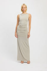 Front profile of Sleeveless light green maxi dress with rouching on waist.