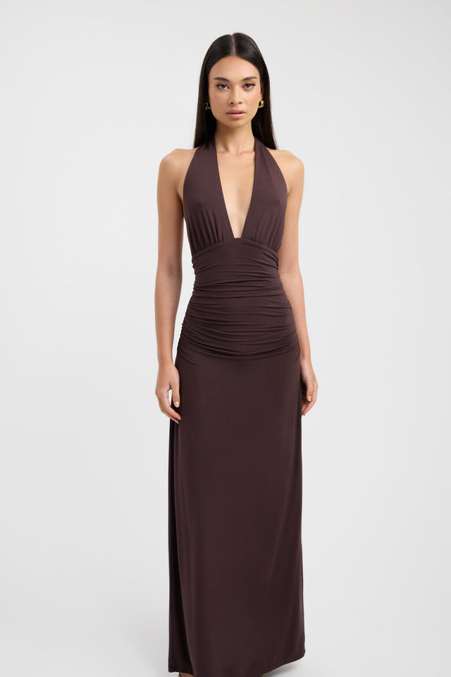 side Leni Maxi Dress Kookai Bodycon Maxi Fitted Plungeneck brown womens-dresses 