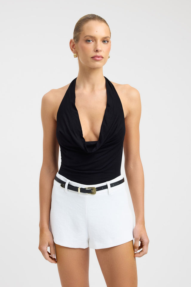 front Coda Cowl Bodysuit Kookai Fitted Cowlneck Sleeveless Womens-Blouse 