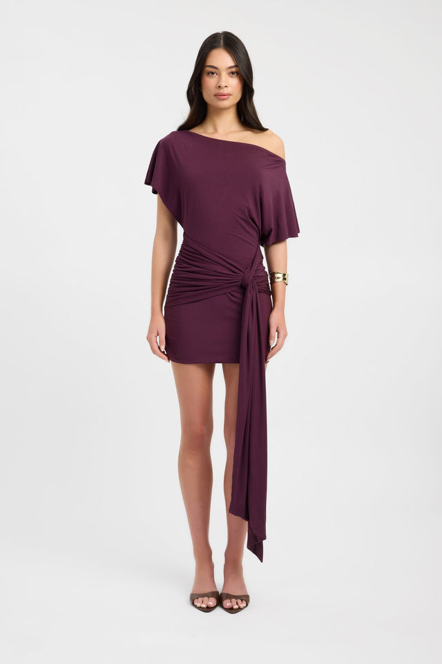 Showcasing the Lorenze Mini Dress womens-dresses in bodycon fitted asymmetry plum front
