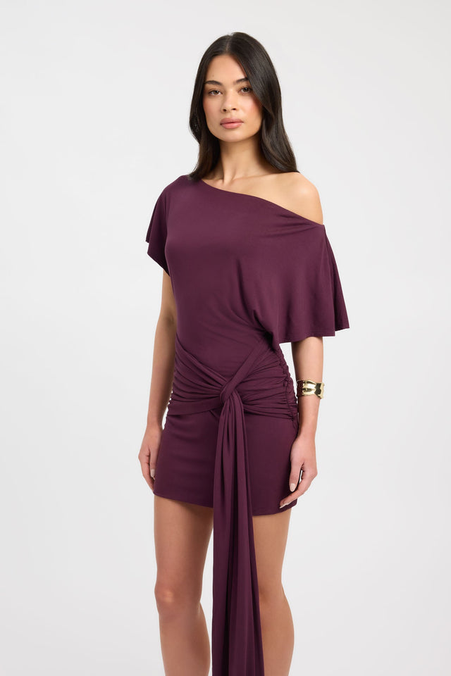 Featuring the Lorenze Mini Dress womens-dresses in bodycon fitted asymmetry plum side