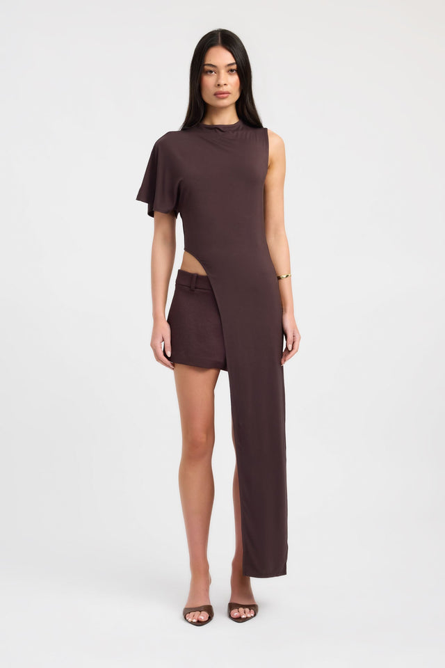 Presenting the Azra Top womens-blouse in saddle brown with fitted high-neck and short sleeves on-body