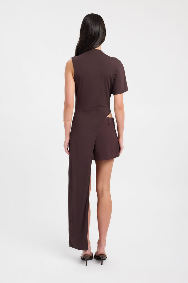 Designed with the Azra Top womens-blouse in saddle brown featuring fitted high-neck and short sleeves side