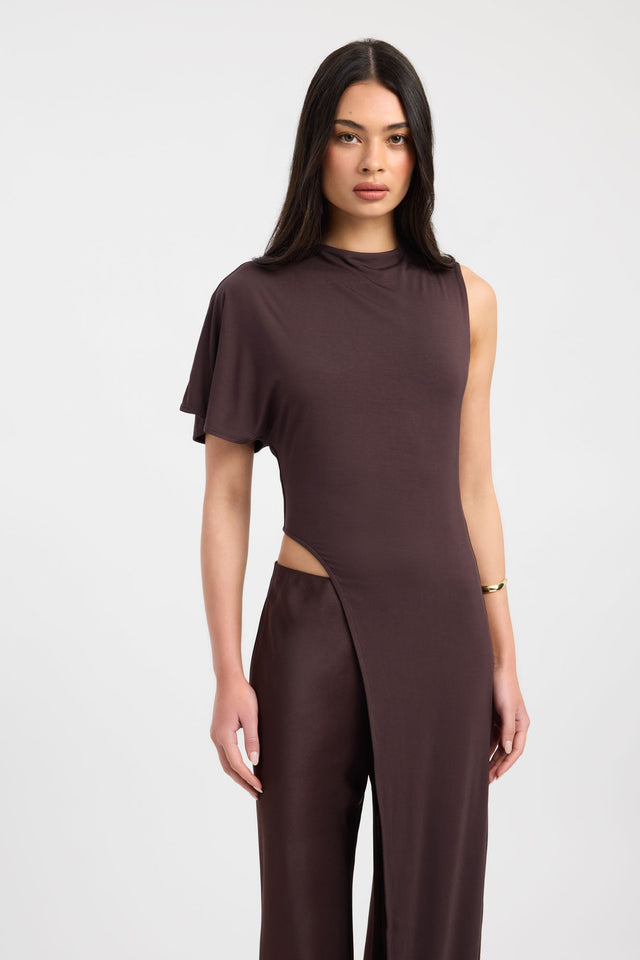 Showcasing the Azra Top womens-blouse in saddle brown with fitted high-neck and short sleeves detail