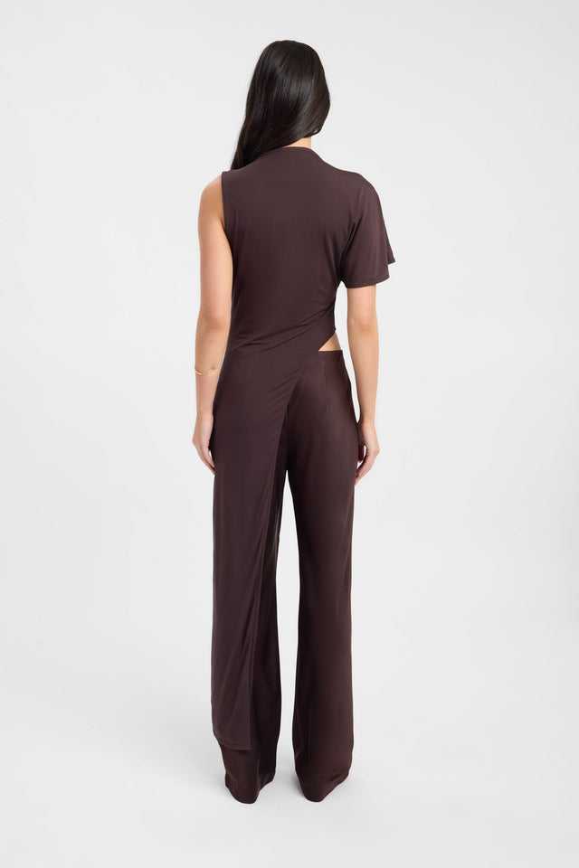 Crafted with the Azra Top womens-blouse in saddle brown featuring fitted high-neck and short sleeves back