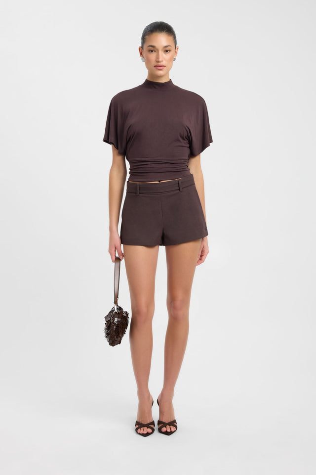 Showcasing the Harley Top womens blouse in saddlebrown with relaxed fit, high-neck and short sleeves back