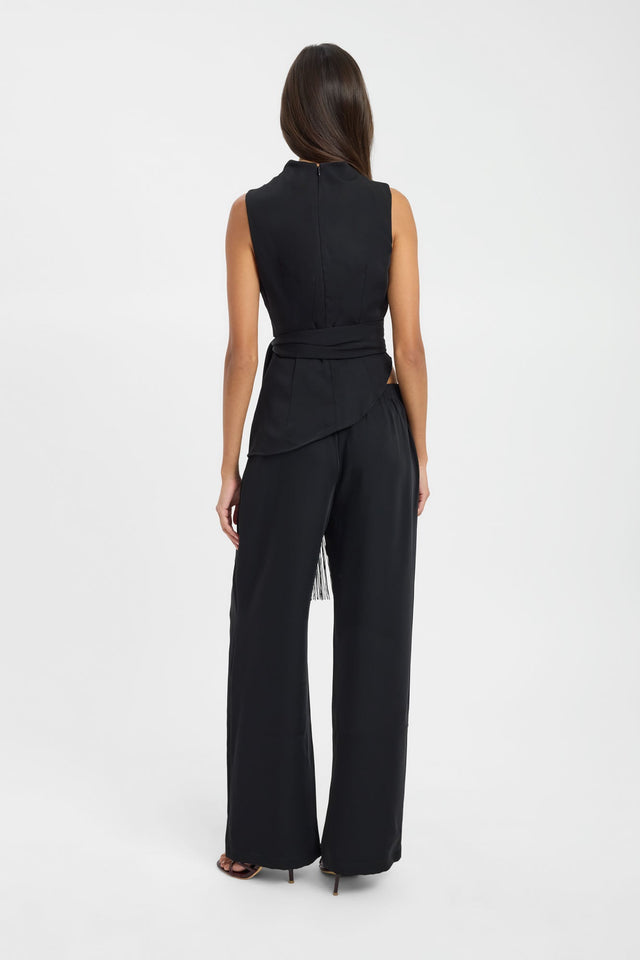 Designed with Maria Fringed Sash Top womens-blouse in black with fitted high-neck sleeveless style back
