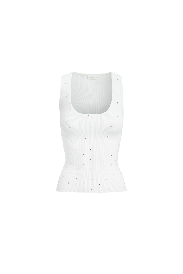 View of the Riviera Top womens singlet with fitted thick straps scoop neckline and silver embellishments in white on-body
