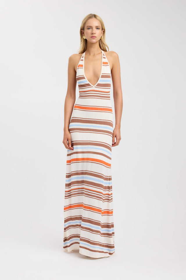 front Skye Stripe Maxi Dress Kookai Straight Maxi Fitted Scoopneck womens-dresses 