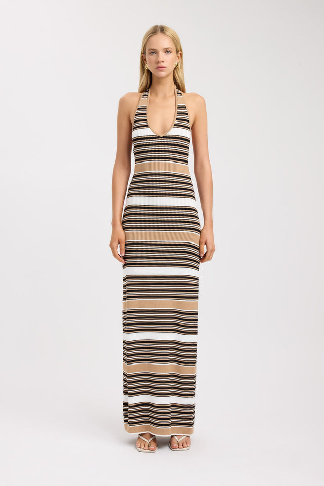 front Chelsea Stripe Low Back Dress Kookai Bodycon Maxi Fitted Scoopneck womens-dresses 