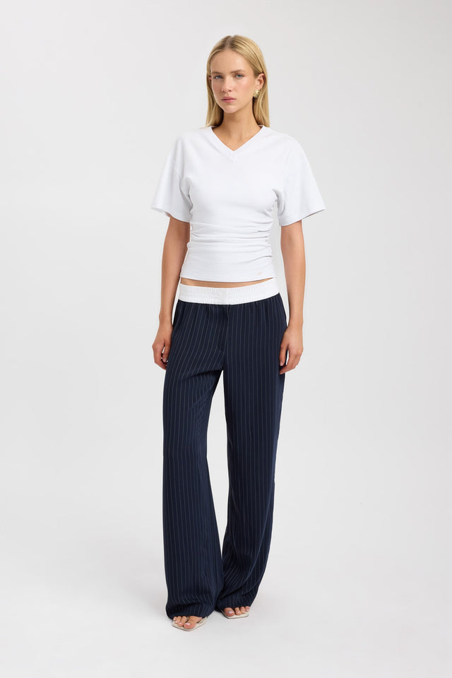 Showcasing the Oslo Elastic Waist Pant in womens-regular-pants with wide-leg high-rise navy and white stripe front