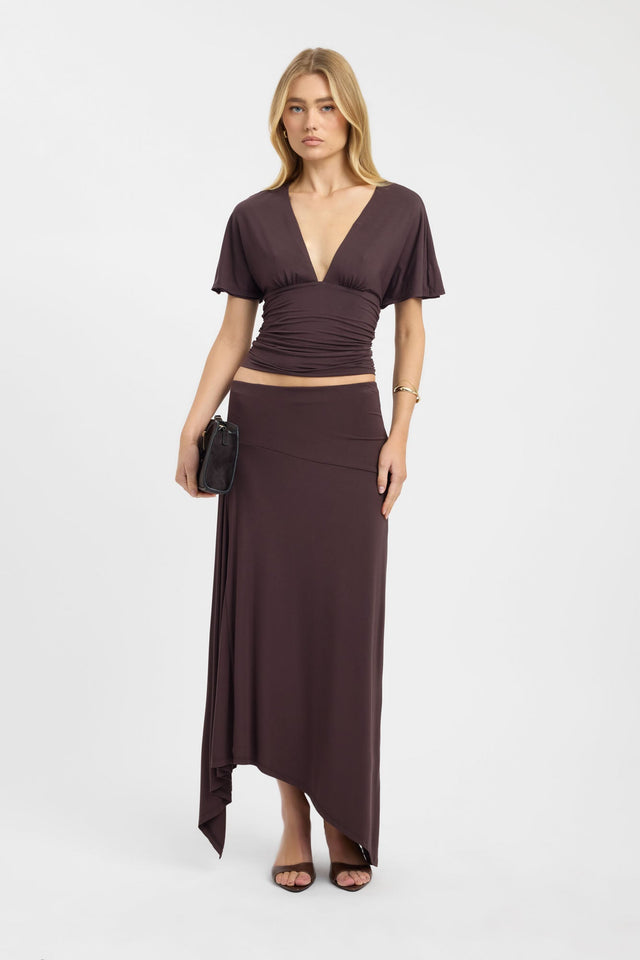 Featuring the Isla Top womens blouse in brown with fitted v-neck and short sleeves on-body