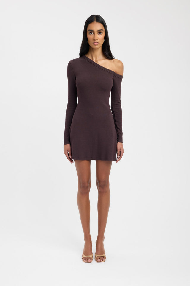 side Tampa Long Sleeve Mini Dress Kookai Bodycon Mini Fitted Asymmetry brown womens-dresses 