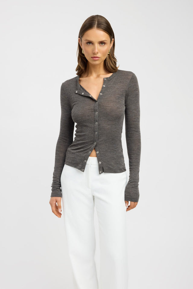 front Meribel Wool Cardigan Kookai Fitted Roundneck Long sleeve Womens-Blouse 