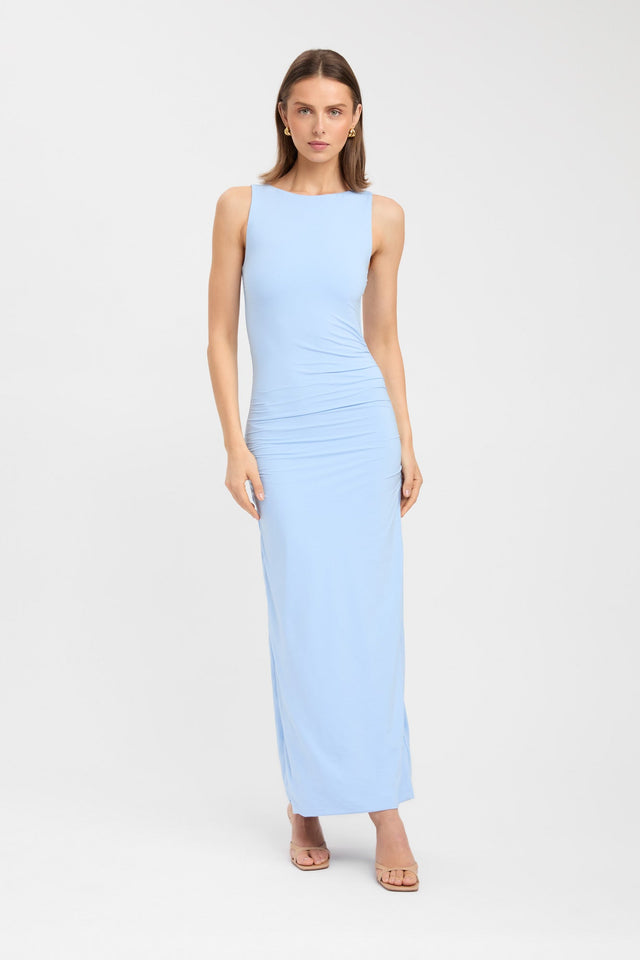 front Estelle Midi Dress Kookai Bodycon Maxi Fitted Roundneck blue womens-dresses 