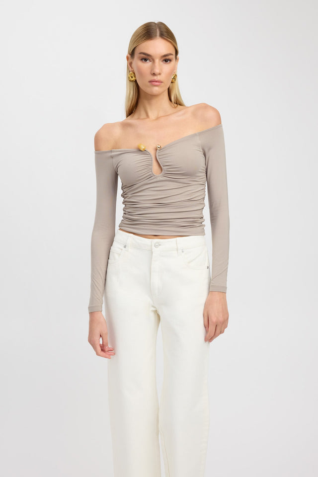 front Tayla Trim Long Sleeve Top Kookai Fitted Plungeneck Long sleeve Womens-Blouse 