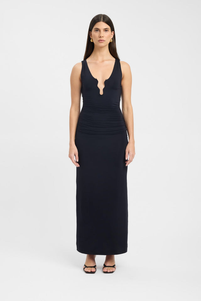 side Trove Trim Dress Kookai Bodycon Maxi Fitted Plungeneck black womens-dresses 