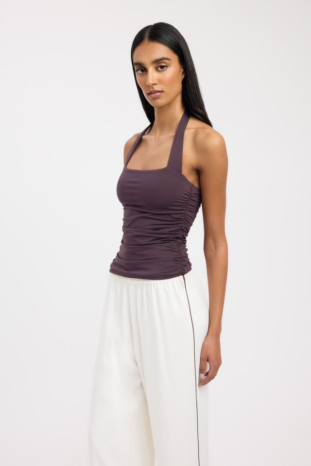 side Hailey Halter Top Kookai Fitted Thick strap Square brown womens-singlets 