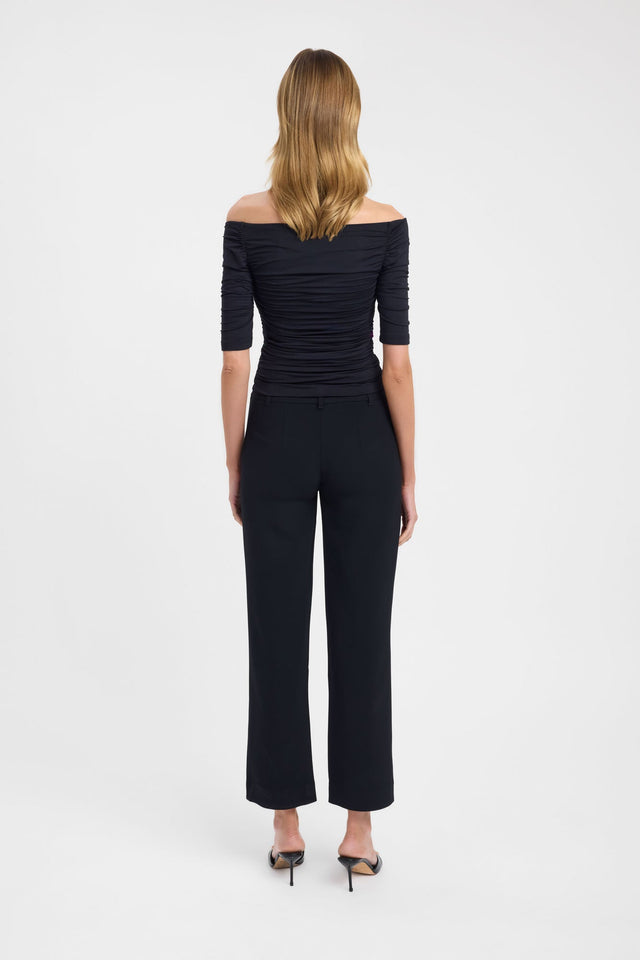 Crafted from Drew Top womens blouse in black with fitted straight neckline and half sleeves back