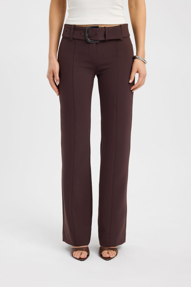 Featuring the Alto Buckle Pant in womens regular pants with wide-leg high-rise design and saddle brown colour front
