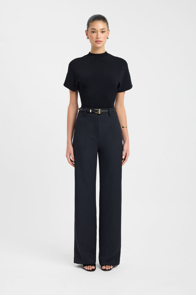 Showcasing the Ariel Straight Leg Pant in womens regular pants with wide-leg high-rise black front