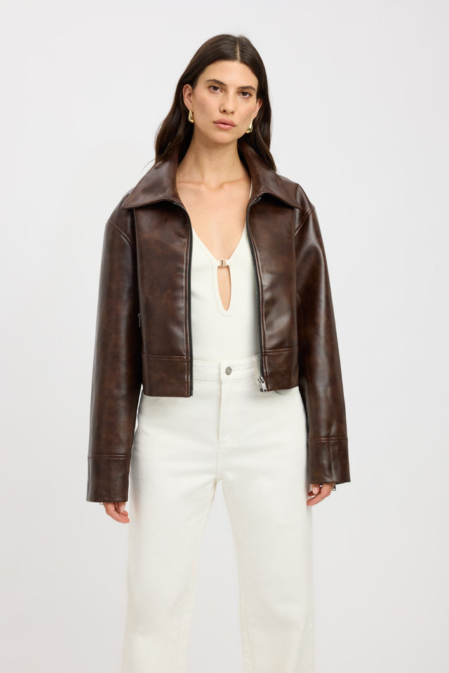 front Phoenix Distressed Jacket Kookai Long sleeve Biker Short womens-coats-and-jackets 