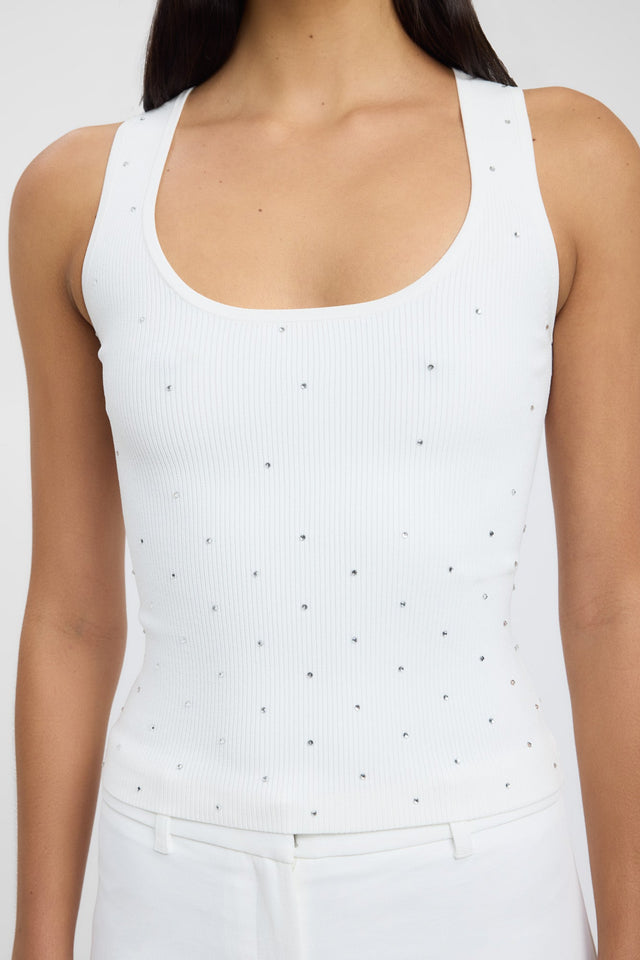 Presenting the Riviera Top womens singlet with fitted thick straps scoop neckline and silver embellishments in white detail