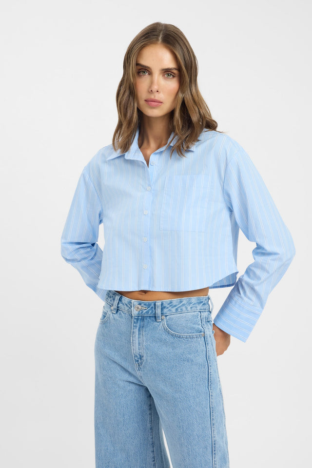 front Freddy Stripe Boxy Shirt Kookai Relaxed V-neck Long sleeve Womens-Blouse 