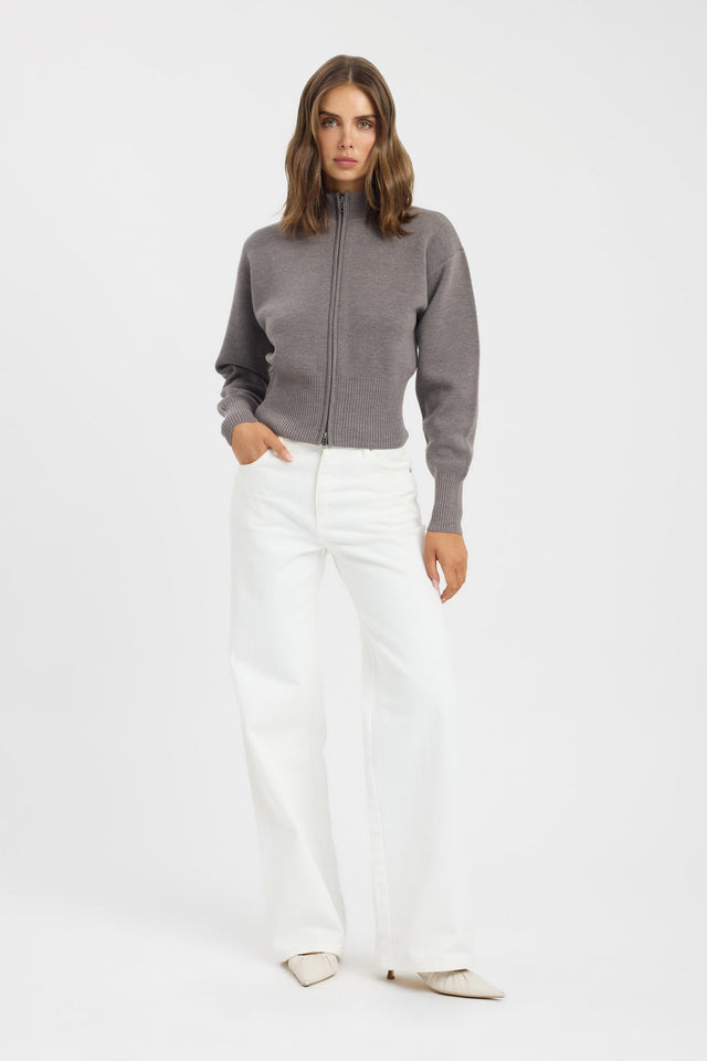 front Dalton Zip Cardigan Kookai Relaxed Highneck Long sleeve Womens-Blouse 