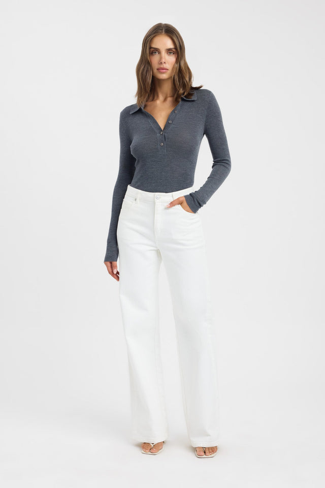 side Jackson Button Up Top Kookai Fitted Roundneck Long sleeve Womens-Blouse 