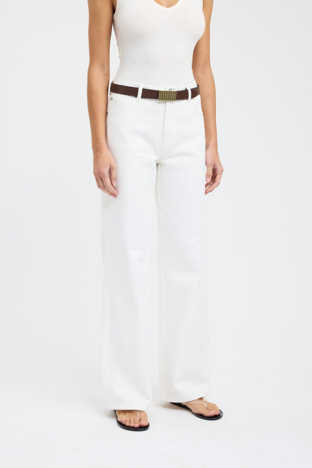 Displaying the Kai Straight Leg Jean in womens regular pants with high-rise waist and white detail