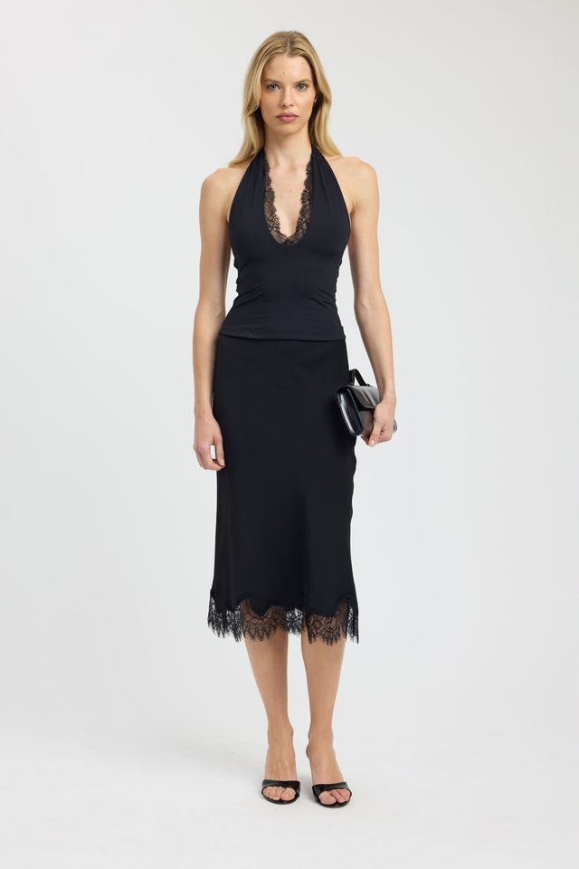 Featuring the Lila Lace Top womens-blouse in black with fitted silhouette, plunge neckline and sleeveless design front
