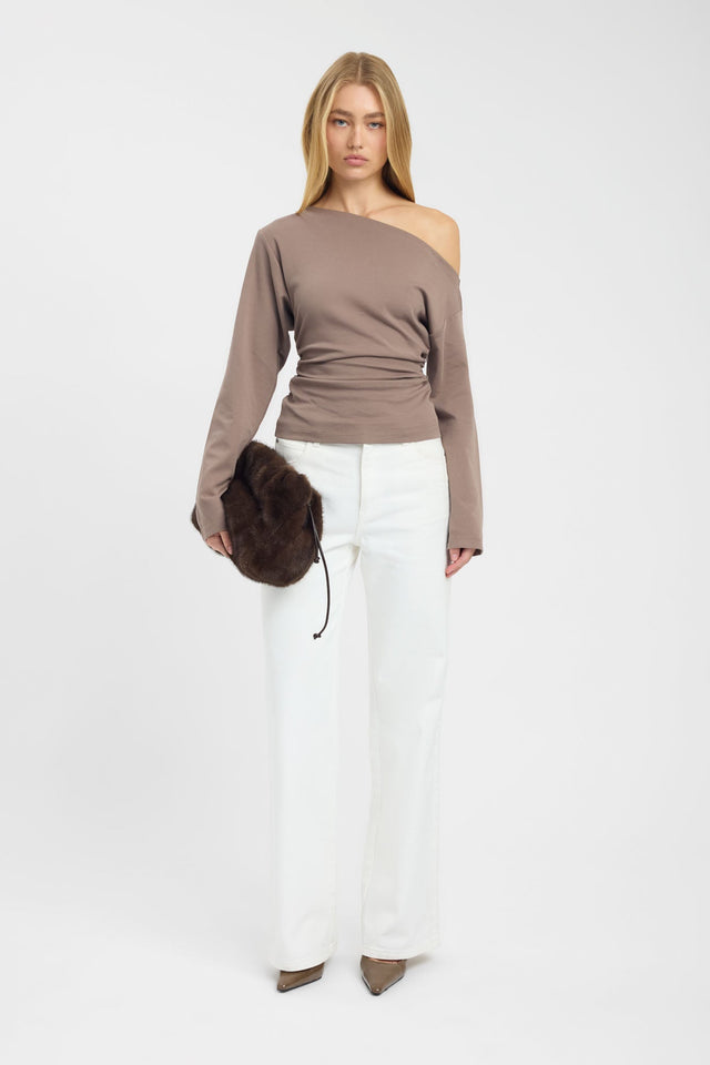 front Nova Off Shoulder Long Sleeve Top Kookai Fitted Asymmetry Long sleeve Womens-Blouse 