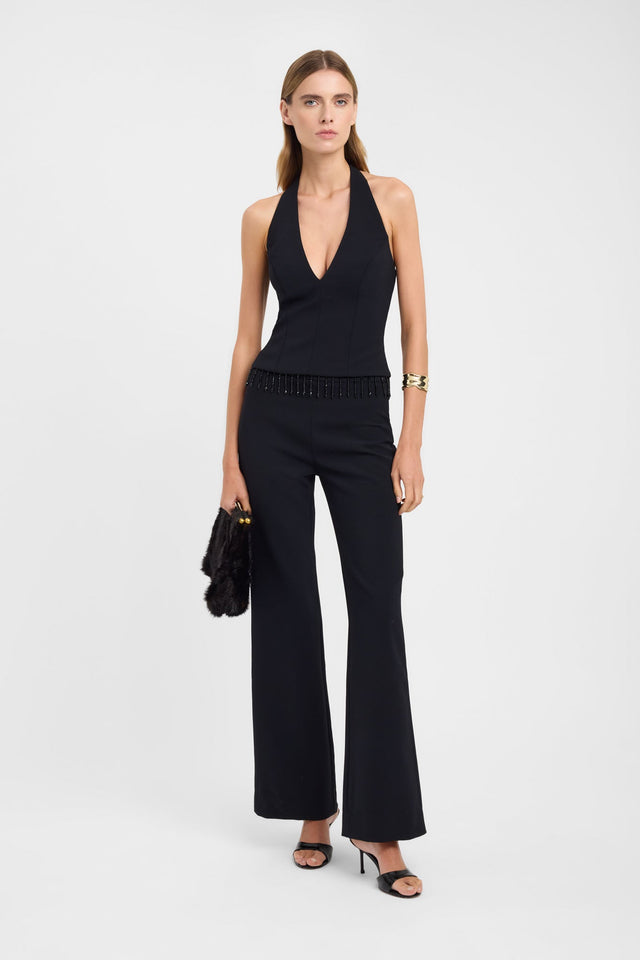 Designed with the Alto Halter Cut Out Top womens-blouse in black with fitted style, plunge neckline and sleeveless on-body