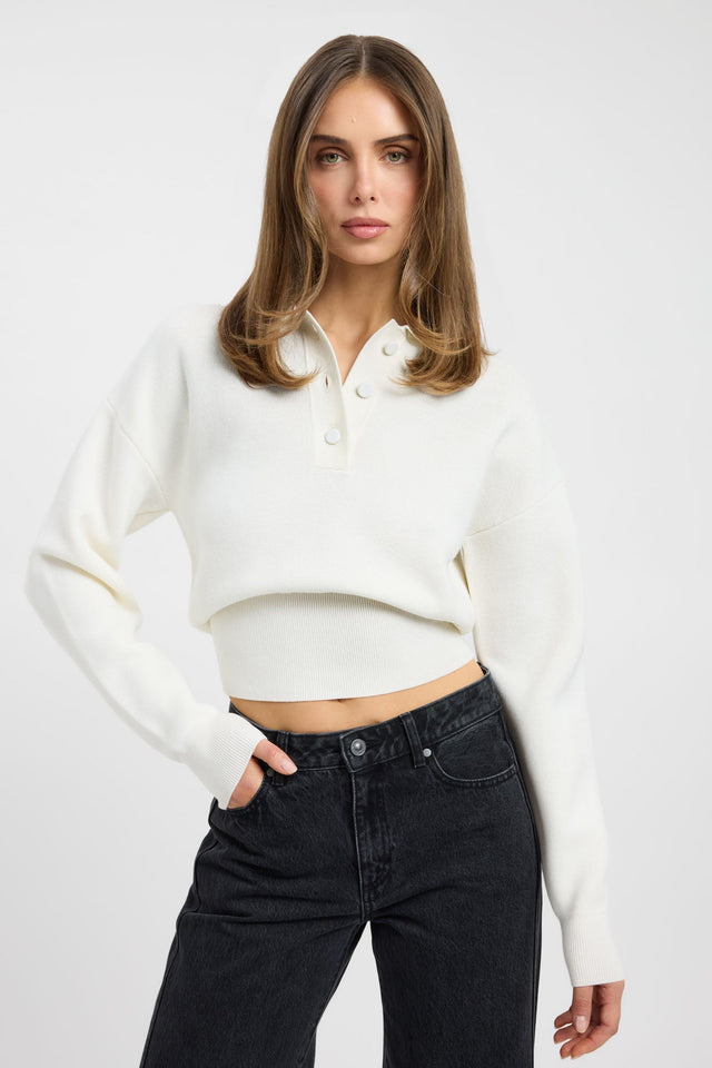 Featuring the Dalton Polo Jumper womens jumper with v-neck, relaxed fit in ivory detail