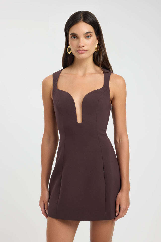 Featuring the Alto Curved Mini Dress womens-dresses in bodycon fitted sweetheart saddle brown detail