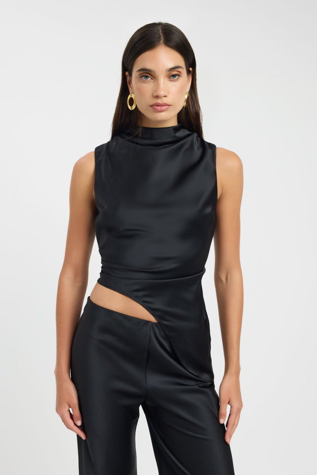 Featuring the Palermo High Neck Top womens-blouse in solid black with fitted cut and sleeveless style detail