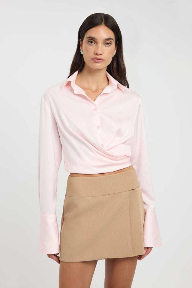 Featuring the Palermo Shirt womens blouse in pink with fitted design, straight neckline and full sleeves detail